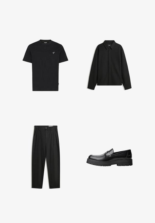 Črna dolga majica s kratkimi rokavi z ostrim ovratnikom, sprednjim zapiranjem in gladko teksturo. Ohlapen kroj z nizkimi rameni.; Črna bombažna majica s kratkimi rokavi in krožnim izrezom, s stožčasto vezenje zelene palme na levi strani prsnega koša.; Črne bombažne hlače s sproščenim krojem, ki vključujejo klasičen pas, sprednje gube in stranske žepke. Gladka tekstura brez vzorcev.; Črne usnjene loafersice s debelim profiliranim podplatom in dekorativnim pasom čez zgornji del, prikazane v levem stranskem profilu na beli podlagi.