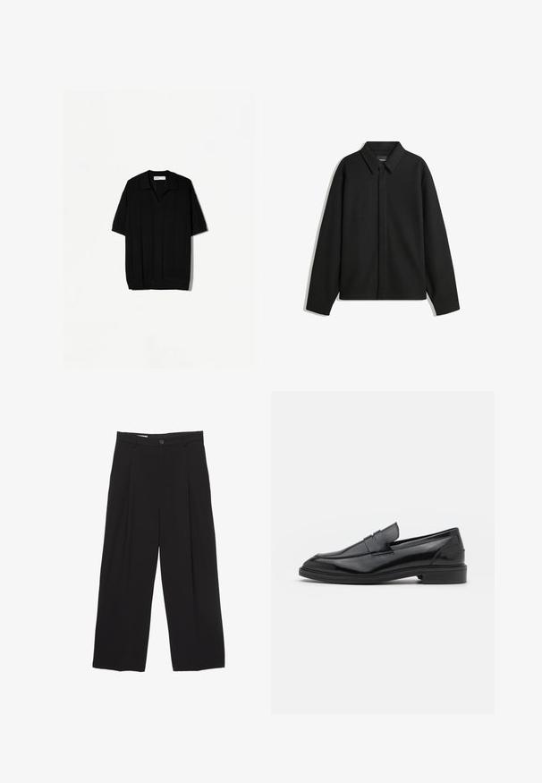 Svart långärmad skjortjacka med spetsig krage, frontknäppning och en slät yta. Avslappnad passform med sänkta axlar.; Svart kortärmad polo med ribbad stickad tyg, som har en krage och vertikalt randmönster längs kroppen och ärmarna.; Svarta vida byxor tillverkade av mjukt tyg, med platt midjeband, framfåll och en enkel knappstängning.; Svarta läderloafers med en slät finish, med rund tå och en smal rem över framsidan. Låg klack.