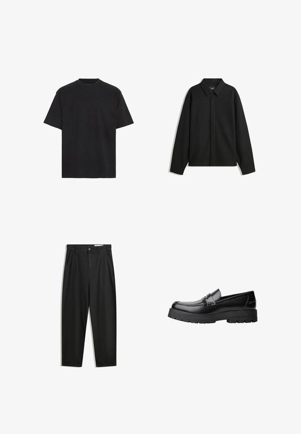 Fekete, hosszú ujjú ingdzseki hegyes gallérral, elülső gombolással és sima textúrával. Laid-back fit, lekonyult vállakkal.; Fekete pamut póló, rövid ujjú, kerek nyakkivágással, könnyű, laza fazonú, sima textúrájú, látható minták vagy díszítések nélkül.; Fekete pamut nadrág laza szabással, klasszikus derékrésszel, elülső hajtásokkal és oldalsó zsebekkel. Simább textúra minta nélkül.; Fekete bőr loaferek vastag, bordázott talppal és díszcsíkkal az upper rész felett, bal oldali profilmódban, fehér háttér előtt.