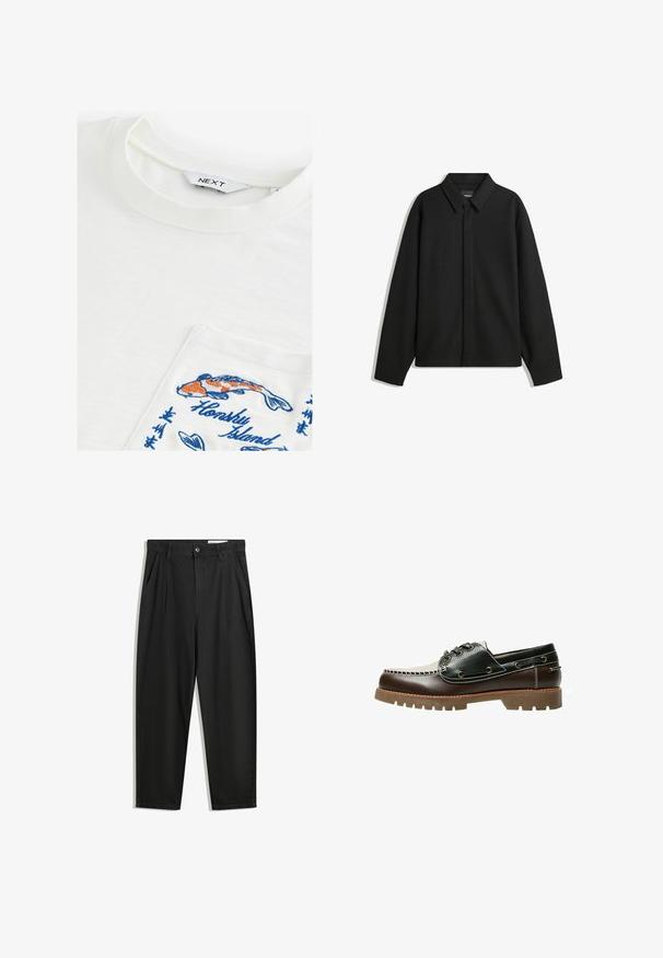 Black long-sleeve shirt jacket with a pointed collar, front placket, and a smooth texture. Relaxed fit with dropped shoulders.; White T-shirt with round neck, featuring a pocket embroidered with colorful koi fish and text "Honsky Island" in blue. Soft texture.; Black cotton trousers with a relaxed fit, featuring a classic waistband, front pleats, and side pockets. Smooth texture without patterns.; Brown and black leather boat shoe with lacing, contrast stitching, and a textured rubber sole. Features metal eyelets and rounded toe.