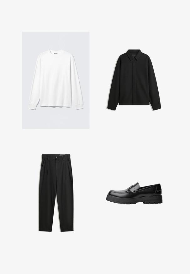 Černá bunda s dlouhým rukávem, špičatým límcem, přední légou a hladkým texturem. Volný střih s kleslými rameny.; Bílá košile s dlouhým rukávem a kulatým výstřihem, s žebrovanými manžetami a malou značenou štítkem "WEEKDAY" uvnitř výstřihu.; Černé bavlněné kalhoty s uvolněným střihem, klasickým pasem, předními záhyby a bočními kapsami. Hladká textura bez vzorů.; Černé kožené mokasíny s masivní podrážkou a dekoračním páskem přes horní část, zobrazené v levém bočním profilu na bílém pozadí.