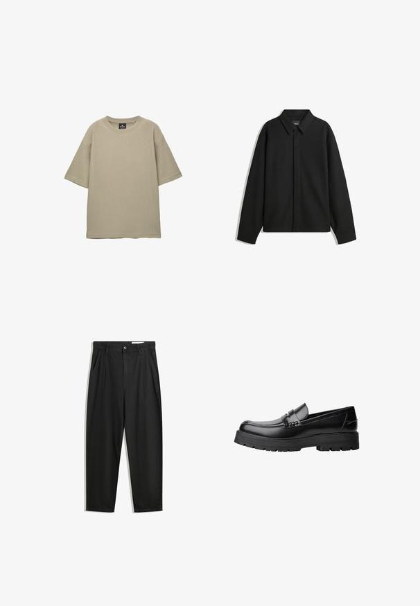 Jachetă neagră cu mâneci lungi și guler ascuțit, cu placket frontal și o textură netedă. Croială lejeră cu umeri lăsați.; Tricou bej cu mânecă scurtă, fabricat dintr-un material texturat. Are un guler rotund și o croială lejeră, fără modele sau accente vizibile.; Pantaloni negri din bumbac cu croială lejeră, având un brâu clasic, plii frontale și buzunare laterale. Textură netedă fără modele.; Mocasini din piele neagră, cu talpă groasă și profilată și bandă decorativă pe partea superioară, prezentati din profil stâng pe fundal alb.