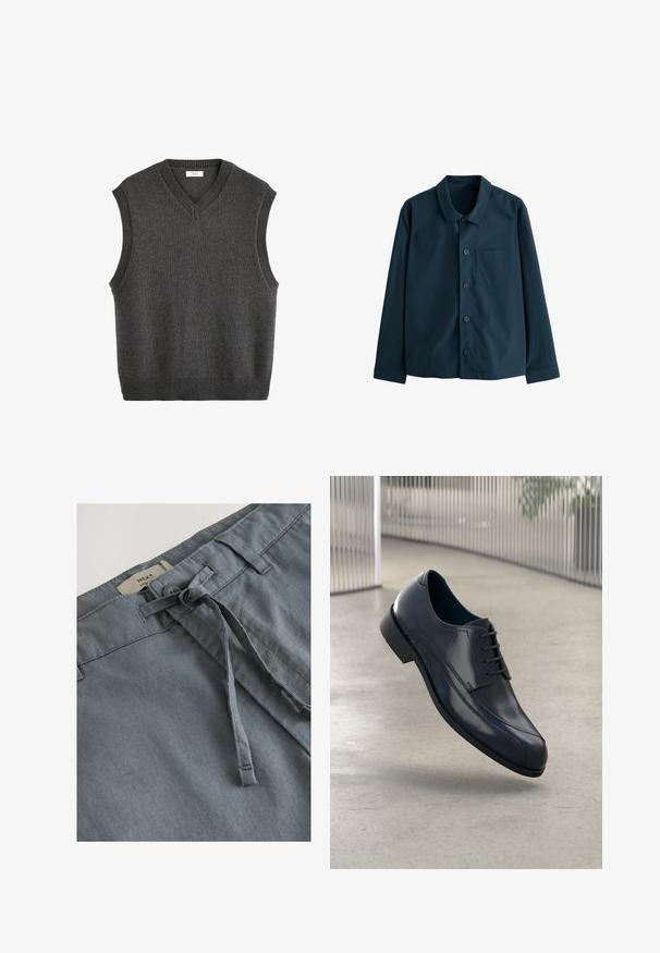 Camicia button-up di colore blu scuro, realizzata in tessuto liscio. Presenta un colletto classico, taschino frontale e sei bottoni sul davanti.; Next V-NECK REGULAR FIT - Maglione - grey; Pantaloni corti grigi in tessuto con una morbida texture, dotati di un laccio annodato e passanti per cintura. L'etichetta indica il marchio "NEXT" sulla vita.; Scarpa da cerimonia in pelle nera lucida con lacci, sospesa sopra un pavimento grigio chiaro e con barre metalliche verticali sullo sfondo.