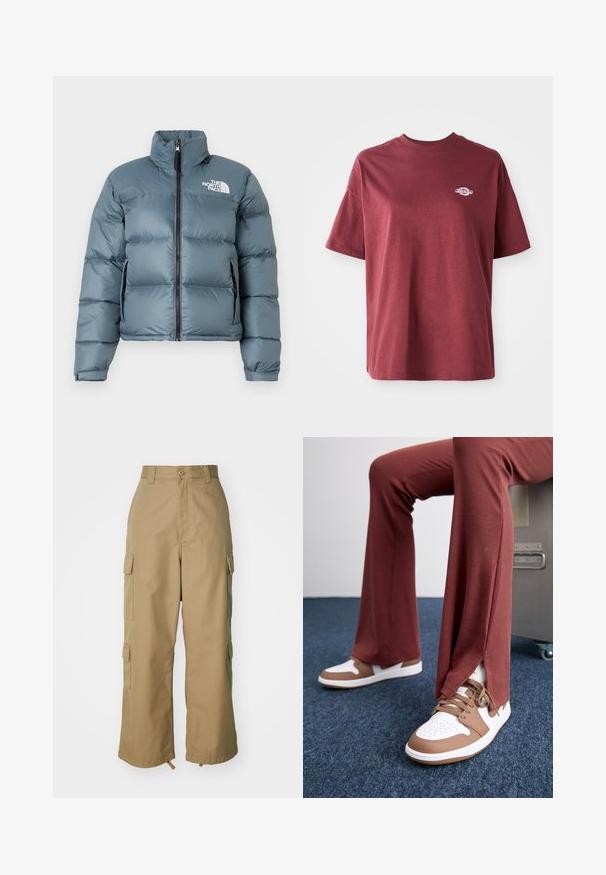 Casaco azul acolchoado com colarinho alto, fecho frontal, bolsos laterais com zíper, punhos ajustáveis e logótipo branco "The North Face" no peito.; T-shirt de algodão cor bordô com decote redondo, mangas curtas e um pequeno logótipo branco na área esquerda do peito. Textura suave, corte descontraído.; Calças cargo bege com uma cintura alta, pernas largas e quatro grandes bolsos laterais. Feitas de um tecido resistente com uma textura suave e minimalista.; Calças acanaladas de cor ferrugem com aberturas laterais, combinadas com sapatilhas brancas e castanhas, destacando cores e texturas contrastantes.