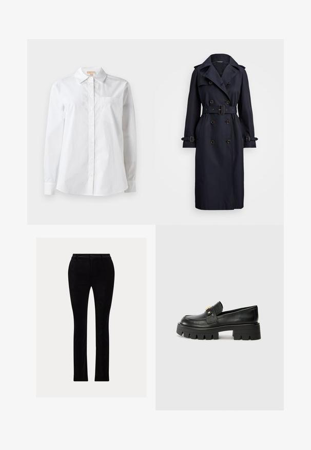 Trench coat azul marinho com design de duplo botão, cintura cintada, grandes lapelas, epauletes nos ombros e mangas com aba. Textura de tecido suave.; Camisa branca de mangas longas feita de algodão. Possui colarinho clássico, fechamento frontal com botões e um único bolso no peito. Textura suave.; Calças pretas feitas de um tecido suave, semelhante a veludo. Corte ajustado com perna reta, apresentando um cós tradicional e passantes para cinto.; Mocassins de couro preto com uma sola robusta, apresentando um detalhe em tom dourado na parte da frente e um acabamento suave. Design de solado com cravos robustos.