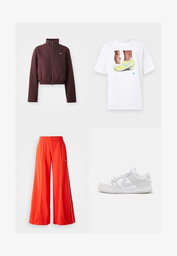 Krótkia śliwkowa kurtka z wysokim kołnierzem, zapięciem na zamek, prążkowanym dołem i długimi rękawami. Posiada białe logo Nike na lewej piersi.; Biała bawełniana koszulka z grafiką stóp w żółtych korkach Nike z niebieskimi akcentami, w połączeniu z bransoletką na lewym nadgarstku.; Czerwone dresy wykonane z lekkiego materiału mają szeroką nogawkę, elastyczny pas i biały logo Nike z boku.; Białe skórzane trampki z szarymi akcentami, perforowanym noskiem, płaskimi sznurowadłami, wyściełanym kołnierzem i teksturowaną gumową podeszwą.