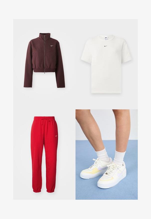 Katrināta bordo jakas ar augstu apkakli, rāvējslēdzēja aizdari, ribotu apakšmalu un garām piedurknēm. Uz kreisā krūtīm ir baltais Nike logo.; Balts ribots t-krekls ar apaļu kakla izgriezumu un īsām piedurknēm. Uz krūšu daļas ir mazs melns Nike logo. Audums ir ar tekstūru un pieguļošs.; Sarkani Nike sporta bikses ar elastīgu jostasvīru, auklu un piegrieztiem apakšgaliem. Vienkāršs dizains ar mazu baltu Nike logo. Gluda kokvilnas tekstūra.; Balti ādas sporta apavi ar dzelteniem un lavandas akcentiem, apaļa purngala forma, plakani šņores un teksturēta gumijas zole. Valkāti ar baltām zeķēm.