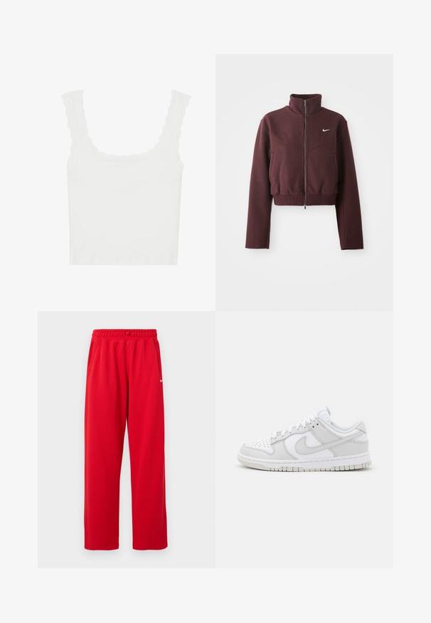Afskåret bordeauxfarvet jakke med høj krave, lynlåslukning, ribbet kant og lange ærmer. Har hvidt Nike-logo på venstre bryst.; Hvid ribbet tanktop med bølgede kanter på stropperne og udskæringen, i en tætsiddende pasform og blød tekstur.; Røde sportsbukser med elastisk talje, sidelommer og et hvidt Nike-logo på venstre side. Fremstillet af et glat stof.; Hvide lædersneakers med grå detaljer, perforeret tå, flade snørebånd, polstret krave og en struktureret gummisål.