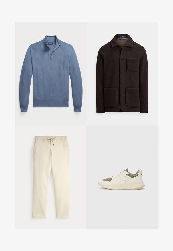 Casaco de lã castanho escuro com fecho de botões, gola pontiaguda e dois grandes bolsos frontais. Apresenta um bolso no peito e textura suave.; Pullover azul claro com colarinho com fecho éclair, punhos e bainha canelados, apresentando um padrão texturizado e um pequeno logótipo no lado esquerdo do peito.; Calças casuais off-white com cintura elástica e cordão, pernas retas e bolsos laterais, contra um fundo liso.; Sapatilha atlética branca e bege claro, com parte superior em malha, detalhes perfurados e uma entressola texturizada com marcação no calcanhar.