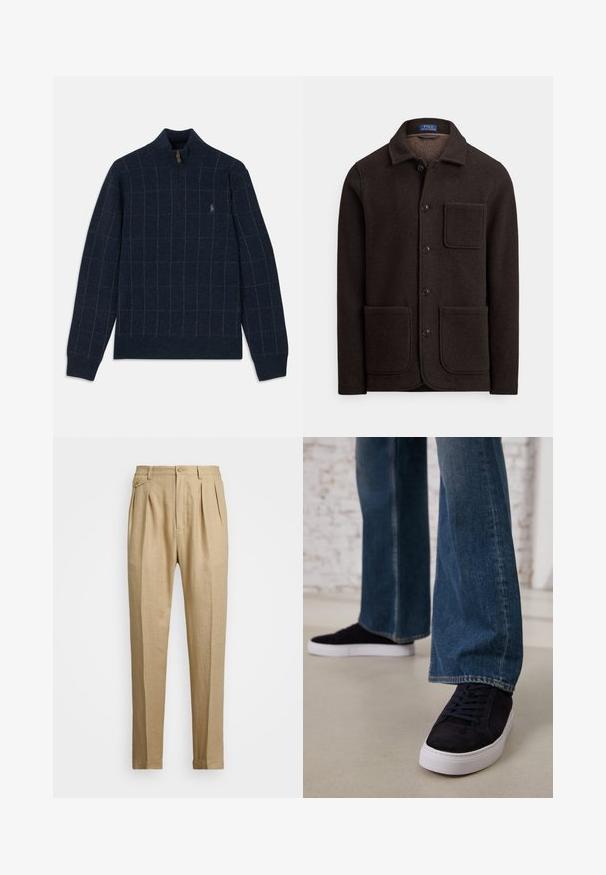 Casaco de lã castanho escuro com fecho de botões, gola pontiaguda e dois grandes bolsos frontais. Apresenta um bolso no peito e textura suave.; Sweater azul marinho com colarinho de fecho éclair, apresentando um padrão de grelha em verde claro e castanho. Textura suave com punhos e bainha canelados, detalhe do logótipo no peito.; Calças de linho bege com corte reto, apresentando dois plissados frontais, fecho com botão e bolsos laterais. Tecido texturizado com um acabamento suave.; Tênis de camurça azul escuro com sola de borracha branca e atacadores, combinados com jeans de perna larga em um tom de azul médio.