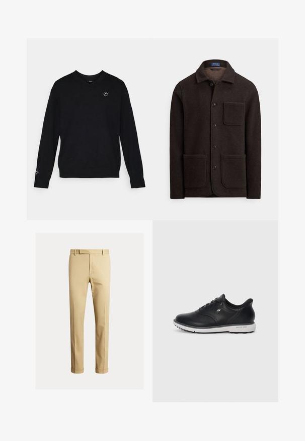 Sötétbarna gyapjúdzseki gombokkal záródó elejű, hegyes gallérral és két nagy első zsebbel. Mellzsebbel és puha tapintású anyaggal.; Fekete V nyakú pulóver, puha anyagból készült, hosszú ujjakkal. A bal mellen egy kis kör alakú logó található; finom hímzés a bal ujjon.; Kaki chino nadrág, sima pamutból készült, fitted fazonú, elöl fodrokkal és bokánál szűkített kialakítással.; Fekete bőr fűzős Skechers sportcipő fehér talppal, oldalsó logóval és texturált tapadással a talpon, sima világos háttér előtt.
