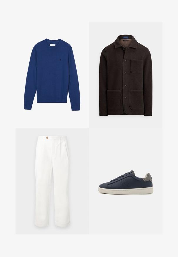 Tmavohnedá vlnená bunda s gombíkmi na zapínanie, špičatým golierom a dvoma veľkými prednými vreckami. Má náprsné vrecko a mäkkú textúru.; Námornícka modrá pletená sveter s okrúhlym výstrihom, dlhými rukávmi a rebrovanými manžetami. Obsahuje malé vyšívané logo na hrudi.; Biele bavlnené nohavice rovného strihu s dvoma prednými pliseami, jedným gombíkovým zapínaním a bočnými vreckami. Hladká textura.; Námornícky modré kožené tenisky s okrúhlou špičkou, šedé semišové akcenty na päte, štruktúrovaná podrážka a tónovanie šitia. Obsahuje logo na boku.