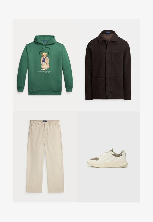 Dunkelbraune Wolljacke mit durchgehender Knopfleiste, spitzem Kragen und zwei großen Fronttaschen. Verfügt über eine Brusttasche und eine weiche Textur.; Grüne Sweatshirts mit Kapuze, das ein zentrales Motiv eines angezogenen Bären zeigt. Material aus Baumwollmischung, gerippte Bündchen und Saumdetails.; Beige Baumwollchinos mit geradem Bein, ausgestattet mit einem Knopfverschluss und zwei vorderen Taschen. Glatte Textur und einfarbig.; Weiße und hellbeige Sport Sneakers, ausgestattet mit einem Obermaterial aus Netzgewebe, perforierten Details und einer strukturierten Zwischensohle mit Branding an der Ferse.