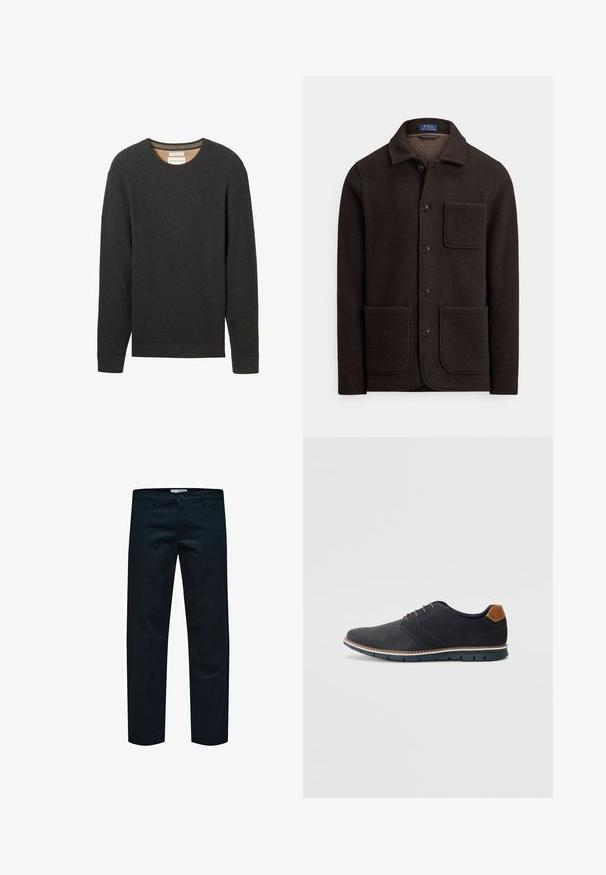 Tamnoljubičasta vunena jakna s prednjim dijelom na gumb, šiljatim ovratnikom i dva velika prednja džepa. Ima džep na prsima i mekanu teksturu.; Crni rebrasti pulover s okruglim izrezom i dugim rukavima. Tkanina teksturirana, a oznaka vidljiva na izrezu.; Crne pamučne hlače s ravnim krojem, sa jednostavnim zatvaranjem na dugme i standardnim džepovima. Glatka tekstura i bez vidljivih uzoraka.; Crne sintetičke cipele s teksturiranim gornjim dijelom, glatkim akcentima, smešnim petom i kontrastnom potplatom. Imaju minimalne vezice i detalje šivanja.