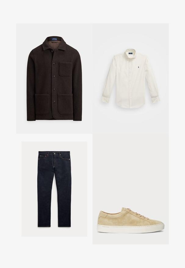 Casaco de lã castanho escuro com fecho de botões, gola pontiaguda e dois grandes bolsos frontais. Apresenta um bolso no peito e textura suave.; Camisa branca de manga longa feita de algodão, com colarinho tipo abotoado, um único bolso no peito e um pequeno logotipo azul-marinho no lado esquerdo.; Calças de ganga escuras com corte reto, cinco bolsos, costura laranja e fecho com botões. O tecido tem uma textura suave.; Tênis de camurça bege com perfil baixo, bico redondo e atacadores bege. Apresenta uma sola de borracha branca e uma marcação subtil na lateral.