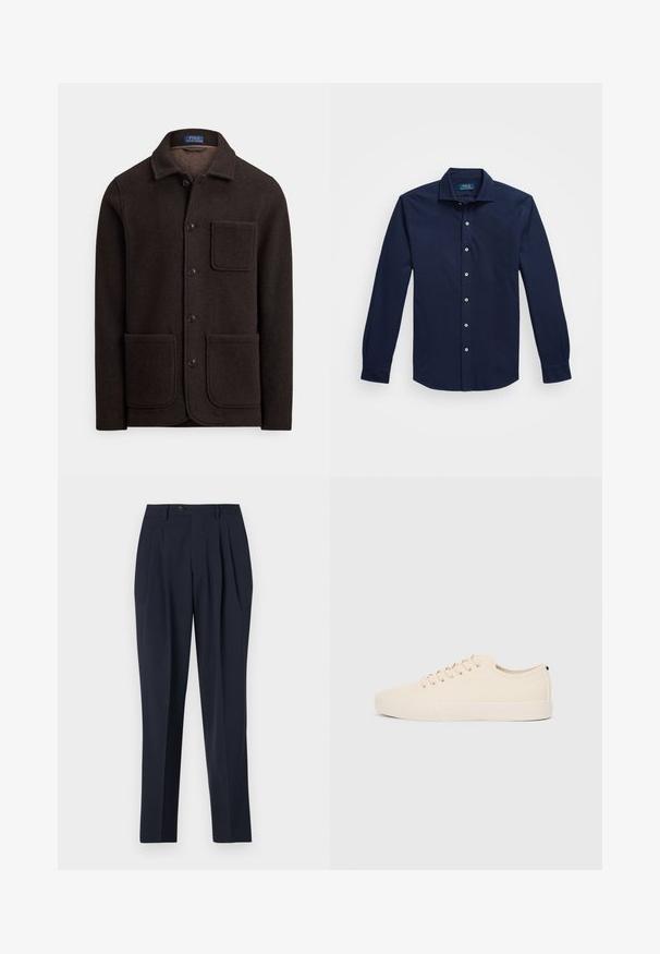 Tumepruun villane jakk, millel on eest nööbitav sulgemine, terav krae ja kaks suurt eesmist taskut. Omadusteks on rindkere tasku ja pehme tekstuur.; Merevöödri navy sinine pika varrukaga nööbitav särk, mis on valmistatud puuvillast, klassikalise krae, valgete nööpide ja rinnal asuva peene brodeeritud logoga.; Tumesid püksid kõrge vöökohaga, plekitud esiosaga ja ühe nööpiga sulgemisega. Kanga pind tundub siledana, kujundades voolava istuvuse ja sirge sääre disaini.; Beige kangastossud ümmarguse ninaga, tasase kummist lõhenemisega ja nööridega ees. Omab minimaalset disaini ja kontrastset musta aktsenti kanna piirkonnas.