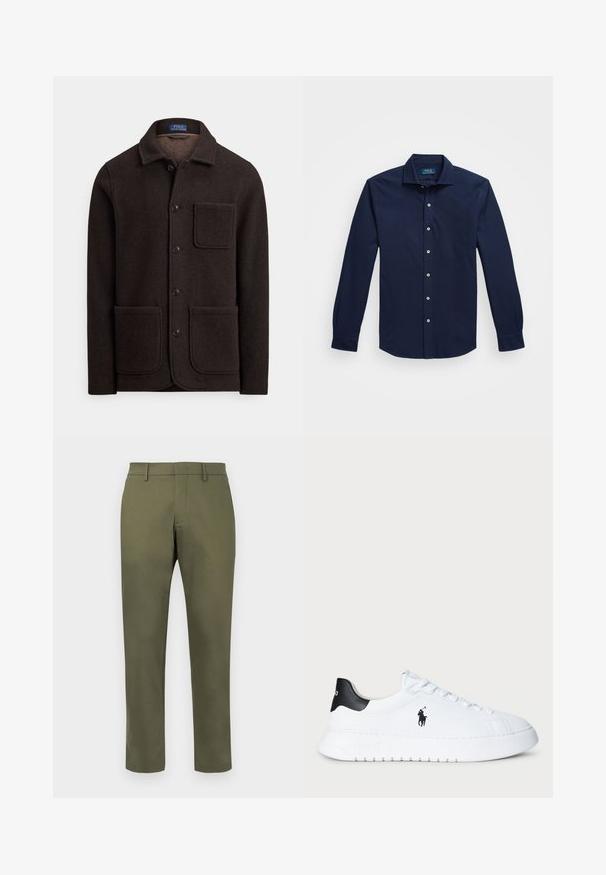 Mørkebrun uldjakke med knaplukning foran, spids krave og to store forlommer. Har en brystlomme og en blød tekstur.; Marine langærmet skjorte med knapper lavet af bomuld, med en klassisk krave, hvide knapper og et diskret broderet logo på brystet.; Oliven grønne lige ben bukser med bæltestropper og en skjult frontlukning på en hvid baggrund.; Hvide lavtop sneakers med sort hælflig og sort Polo Ralph Lauren-logo på siden, forsynet med hvide snørebånd og tyk gummisål.
