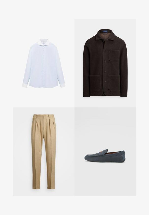 Giacca in lana marrone scuro con chiusura frontale a bottoni, colletto appuntito e due grandi tasche anteriori. Caratterizzata da una tasca sul petto e una texture morbida.; Camicia a maniche lunghe a righe blu chiaro con colletto e polsini bianchi, dotata di chiusura con bottoni sul davanti e orlo curvo. Tessuto dalla texture liscia.; Pantaloni in lino beige con taglio dritto, dotati di due pince anteriori, chiusura con bottone e tasche laterali. Tessuto testurizzato con una finitura liscia.; Mocassini grigi perforati con design slip-on, caratterizzati da un accento arancione, punta arrotondata e suola in gomma testurizzata.