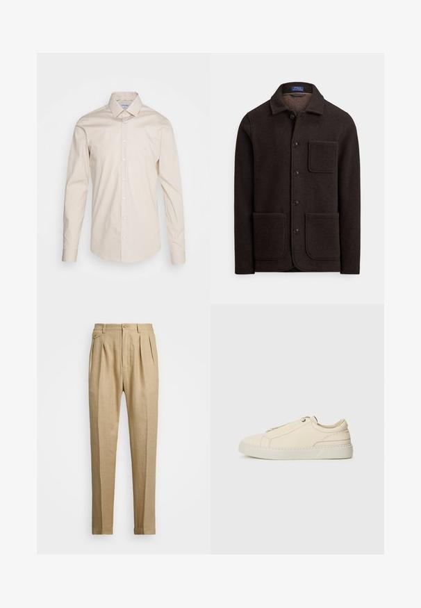 Sötétbarna gyapjúdzseki gombokkal záródó elejű, hegyes gallérral és két nagy első zsebbel. Mellzsebbel és puha tapintású anyaggal.; Bézs, hosszú ujjú ing sima pamut anyagból, klasszikus gallérral, gombos elülső résszel és egy kis logóval a bal mellen.; Beige vászon nadrág egyenes szabással, két első redővel, gombos záródással és oldalzsebekkel. Tömör textúrájú anyag sima felülettel.; Beige bőr sneaker, lekerekített orral, minimalista dizájnal, finom varrási részletekkel és texturált felsőrésszel, világos talpon.