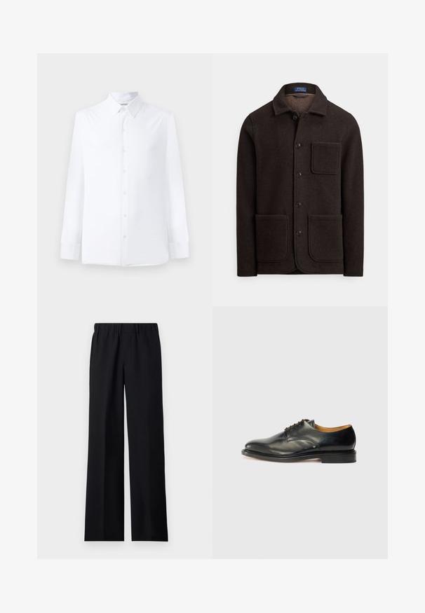 Giacca in lana marrone scuro con chiusura frontale a bottoni, colletto appuntito e due grandi tasche anteriori. Caratterizzata da una tasca sul petto e una texture morbida.; Camicia bianca a maniche lunghe realizzata in tessuto morbido, con colletto classico, chiusura frontale a bottoni e vestibilità sagomata. Nessun motivo visibile.; sandro LARGE - Pantaloni - noir; Scarpa da uomo in pelle nera con finitura liscia, punta rotonda e lacci minimi. Presenta un design sobrio e una suola in gomma bassa e robusta.