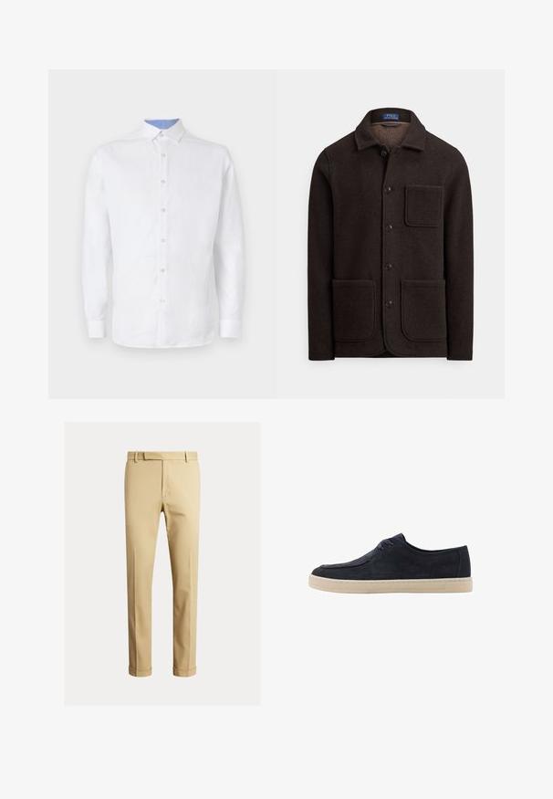 Donkerbruine wollen jas met een knoopsluiting aan de voorkant, een spitse kraag en twee grote voorzakken. Voorzien van een borstzak en een zachte textuur.; Witte blouse met lange mouwen en knoopsluiting, voorzien van een lichtblauw geruit patroon aan de binnenkant van de kraag en manchetten. Glad textuur van de stof.; Khaki chinos van soepele katoenstof, met een slank ontwerp, voorplooien en boorden bij de enkel voor een taps toelopende uitstraling.; Marineblauwe suède schoen met een ronde neus, twee oogjes voor veters en een crèmekleurige rubberen zool. Glad aanvoelend en minimalistisch ontwerp.