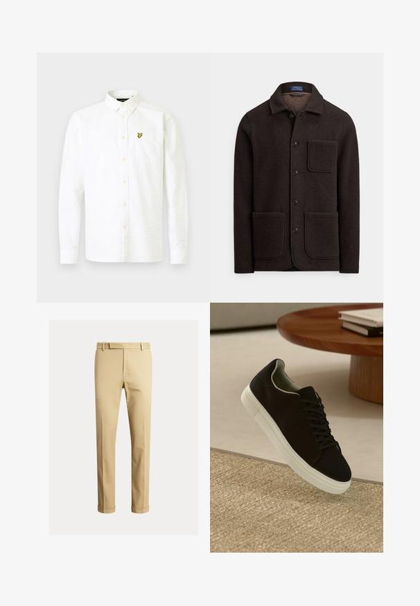 Tmavohnedá vlnená bunda s gombíkmi na zapínanie, špičatým golierom a dvoma veľkými prednými vreckami. Má náprsné vrecko a mäkkú textúru.; Biela košeľa s dlhým rukávom z bavlny s golierom na gombíky, s náprsníkovou vreckom a malým žltým logom na ľavej strane.; Khaki chinos vyrobené z hladkej bavlnenej tkaniny, s priliehavým strihom, prednými záhybmi a manžetami pri členkoch pre zúžený vzhľad.; Čierna teniska s bielou podrážkou plávajúca nad béžovým textúrovaným kobercom pri okrúhlom drevenom stole s hromadou kníh.