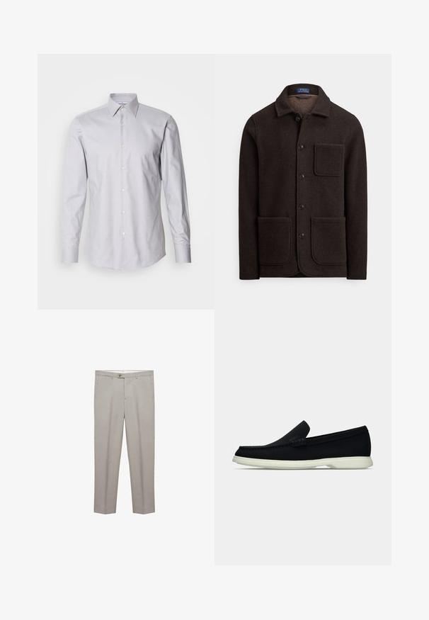 Tummanruskea villatakki, jossa on nappikiinnitys edessä, terävä kaulus ja kaksi suurta etutaskua. Mukana on myös rintatasku ja pehmeä pinta.; Vaaleanharmaa pitkähiha-aita, jossa on napillinen kaulus, valmistettu kudotusta kankaasta. Aita on klassinen istuvuudeltaan ja siinä on valkoiset napit edessä.; Beige housut, jotka on muotoiltu istuvaksi, kummassakin sivussa on taskut ja ne sulkeutuvat napilla. Ne on valmistettu sileästä, kevyestä kankaasta.; Musta liukusukeltava kenkä, jossa on pyöristetty kärki, teksturoitu päällinen, sileä valkoinen pohja ja huomaamaton brändäysdetaili sivussa.