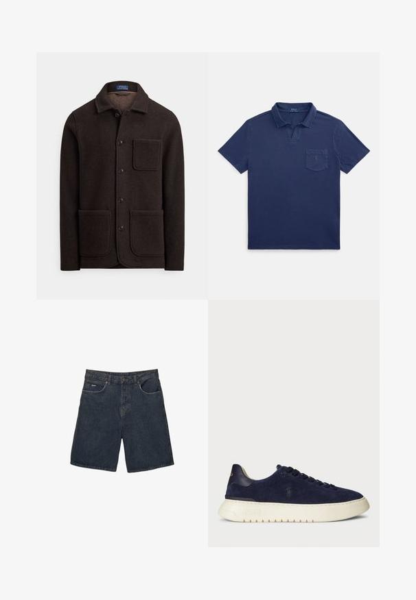 Donkerbruine wollen jas met een knoopsluiting aan de voorkant, een spitse kraag en twee grote voorzakken. Voorzien van een borstzak en een zachte textuur.; Donkerblauw poloshirt van katoen, met een omgeslagen kraag, korte mouwen en een borstzakje met een klein logodetail.; Donkerblauwe denim shorts met een klassieke vijf-pocketontwerp, riemlussen en knoopsluiting; gestructureerde stof met lichte vervaging.; Marineblauwe suède lage sneaker met een textuur, rubberen zool en tonale veters, met een klein logo aan de zijkant en op de hiel.