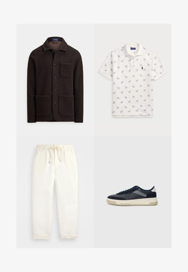 Tamsiai ruda vilnos striukė su sagomis priekyje, smailia apykakle ir dviem didelėmis kišenėmis priekyje. Yra krūtinės kišenė ir minkšta tekstūra.; Balta polo marškiniai, pagaminti iš medvilnės, su pasikartojančiu mėlynu šunų raštu ir mažuoju mėlynu logotipu ant krūtinės. Trumpomis rankovėmis ir apykakle.; Šviesiai kreminės spalvos, laisvalaikio kelnės iš minkštos medžiagos. Turi elastinį juosmenį su raišteliais ir siaurėjantį kojų dizainą.; BOSS BALTIMORE - Sportbačiai - open blue