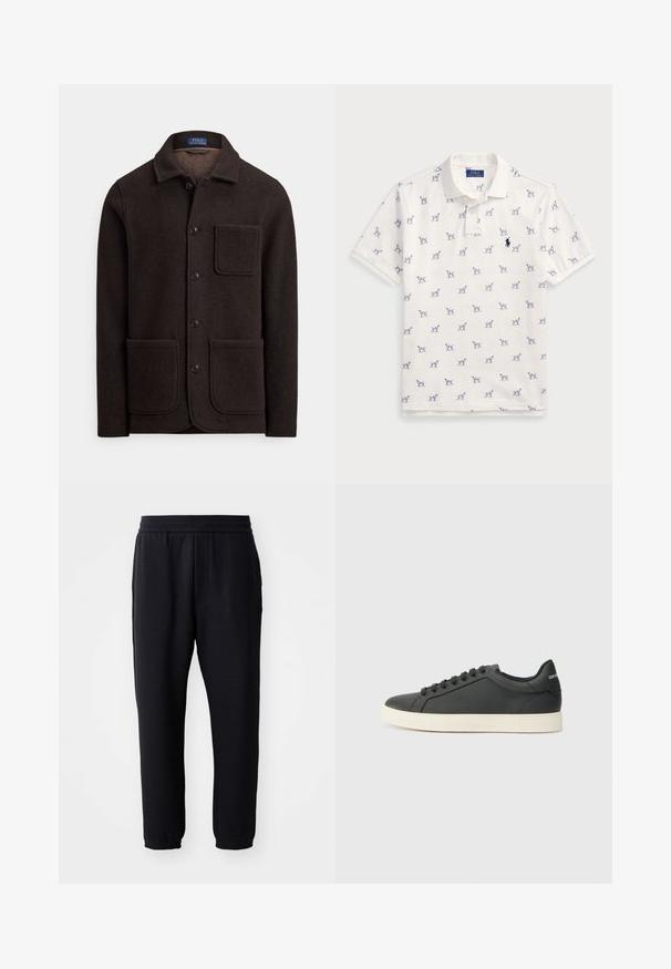 Temno rjav volneni suknjič z zapenjanjem na gumbe, s koničastim ovratnikom in dvema velikima sprednjima žepoma. Ima prsni žep in mehak teksturo.; Bela polo majica iz bombaža, ki vsebuje ponovljen modri vzorec psov in majhen modri logotip na prsih. Kratki rokavi in ovratnik.; Črne, sproščene hlače iz teksturirane tkanine, z elastičnim pasom in ožjimi manšetami. Brez vidnih žepov ali okrasnih elementov.; Črne usnjene superge z nizkim profilom, okroglo špičko in vezalkami; vsebujejo teksturiran gumijast podplat in detajl z logotipom na peti.