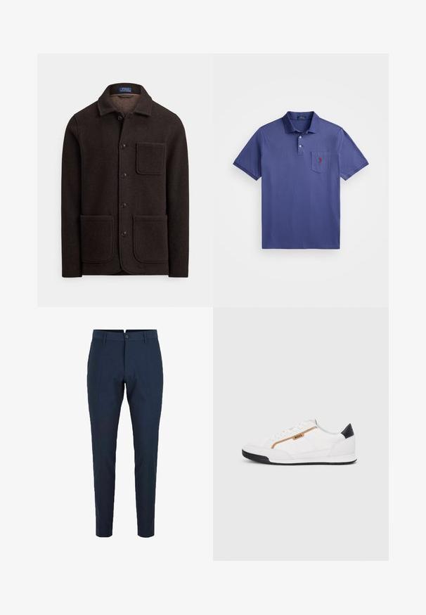 Ciemnobrązowa wełniana kurtka z zapinanym na guziki przodem, spiczastym kołnierzem i dwoma dużymi przednimi kieszeniami. Posiada kieszeń na piersi oraz miękką fakturę.; Fioletowa koszulka polo z bawełny, z trzema guzikami, krótkimi rękawami oraz kieszonką na piersi z czerwonym haftem logo.; Granatowe spodnie o dopasowanym kroju, z szlufkami na pasek, fałdami z przodu oraz smukłym fasonem. Wykonane z lekkiej, gładkiej tkaniny.; Białe buty sportowe z siateczkowymi i skórzanymi akcentami. Posiadają złote logo "BOSS", teksturowane boczne panele i czapkę pięty w kolorze czarnym. Gumowa podeszwa.