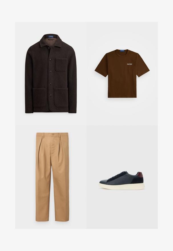 Tummanruskea villatakki, jossa on nappikiinnitys edessä, terävä kaulus ja kaksi suurta etutaskua. Mukana on myös rintatasku ja pehmeä pinta.; Ruskea lyhythihainen T-paita, jossa vasemmassa rinnassa valkoinen "Polo Sport Ralph Lauren" logo ja kauluksessa sininen etiketti.; Vaaleanruskeat puuvillahousut, joissa on rento istuvuus, pleatattu muotoilu, nappikiinnitys vyötäröllä ja suorahko lahje. Silkkinen tekstuuri ilman kuvioita.; Miestne bežecké tenisky s nízkym strihom v čiernej koži a semišovej úprave s bordovým jazykom a bielou gumovou podrážkou, pohľad z vonkajšej strany.