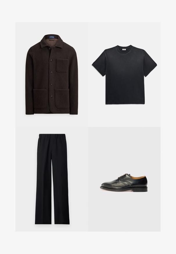 Tumepruun villane jakk, millel on eest nööbitav sulgemine, terav krae ja kaks suurt eesmist taskut. Omadusteks on rindkere tasku ja pehme tekstuur.; Must märk puuvillane T-särk ümmarguse kaelusega ja lühikeste varrukatega. Omab lõdvat istuvust, sujuvat tekstuuri ja minimalistlikku disaini.; sandro LARGE - Püksid - noir; Must musta kingad, millel on sile pind, ümar nina ja minimaalne paelamine. Omab peent disaini ja madalat, tugevat kummist tallat.