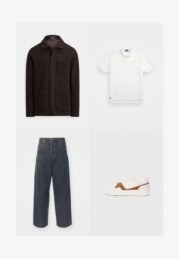 Tmavohnedá vlnená bunda s gombíkmi na zapínanie, špičatým golierom a dvoma veľkými prednými vreckami. Má náprsné vrecko a mäkkú textúru.; Biela polo tričko vyrobené z bavlny, s klasickým golierom, trojbuttonovou légou a vreckom na ľavej hrudi; malé logo na spodnom leme.; Široké tmavomodré denimové džínsy s jemne ošúchanou textúrou, piatimi vreckami a klasickým zapínaním na gombík a zips v páse.; Biele tenisky s hnedými zamšanovými detailmi, ktoré majú textúrovaný povrch, okrúhly špic, hrubú podrážku a klasický dizajn na šnurovanie.
