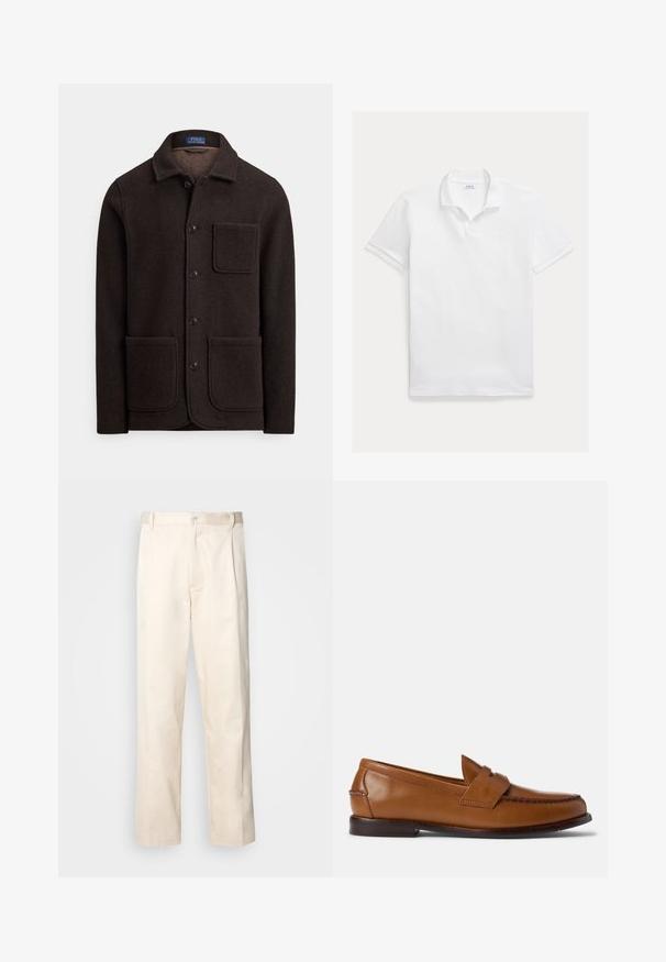 Tumepruun villane jakk, millel on eest nööbitav sulgemine, terav krae ja kaks suurt eesmist taskut. Omadusteks on rindkere tasku ja pehme tekstuur.; Valge puuvillane polo-särk. Omadused: klassikaline krae, lühikesed varrukad ja rinnal tikitud logo. Sile ja kerge tekstuur.; Beesidised puuvillased püksid sirge jala lõikega, mis on varustatud nööpkinnituse ja ees olevate voltidega, et lisada detaili.; Pruunid nahast loafersid, millel on lamedad tallad, ümarad varbad ja dekoratiivne õmblus. Omab õmmeldud detaile ülevalt ja siledat viimistlust.