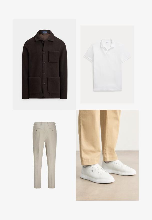 Sötétbarna gyapjúdzseki gombokkal záródó elejű, hegyes gallérral és két nagy első zsebbel. Mellzsebbel és puha tapintású anyaggal.; Fehér, pamutból készült galléros póló. Klasszikus gallérral, rövid ujjakkal és mellkason hímzett logóval rendelkezik. Simogató, könnyű textúra.; Világos bézs színű vászon nadrág, textúrált felülettel. Két gombos hátsó zsebbel és állítható derékpánttal rendelkezik.; Fehér bőr sportcipők sima felülettel, kerek orral, fűzős kivitelben, oldalt diszkrét logóval, bézs nadrággal párosítva.