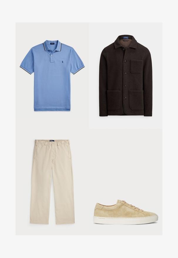 Tumši brūns vilnas žakets ar pogām aizpogājamā priekšpusē, ar smailu apkakli un divām lielām prieksējām kabatām. Ir krūšu kabata un mīksta tekstūra.; Gaiši zils polo krekls, izgatavots no kokvilnas, ar divu pogu izgāžamu detaļu, melna un balta svītrainā apkakle, un izšūtu logo uz krūtīm.; Bežī kokvilnas chinos ar taisnu kāju dizainu, ar pogu aizdari un divām priekšējām kabatām. Gluda tekstūra un vienkrāsains.; Bēša zamšāda sporta apavi ar zemu profilu, apaļu purngalu un bēšām auklām. Aprīkoti ar baltu gumijas zoli un diskrētu zīmolu apzīmējumu sānos.