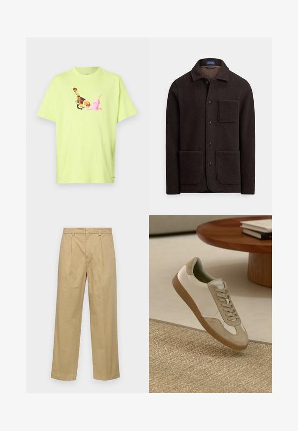 Mörkbrun ulljacka med knäppning fram, spetsig krage och två stora framfickor. Har en bröstficka och ett mjukt material.; Limegrön bomulls T-shirt med en grafik av en fågel och en rosa glasskon, med en enkel rund hals och korta ärmar.; Beiga bomullsshorts med rak bendesign, utrustade med framfåll och sidofickor. Tyget har en jämn och mjuk textur.; Lätt sneakers med ett överdel av vitt läder och beige mockadetaljer, rund tå och en texturerad brun gummisula.