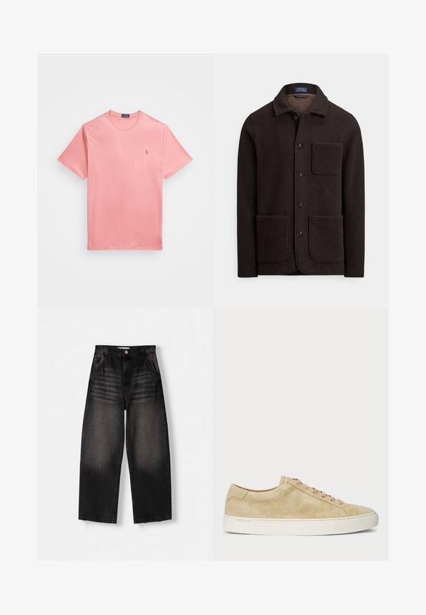 Sötétbarna gyapjúdzseki gombokkal záródó elejű, hegyes gallérral és két nagy első zsebbel. Mellzsebbel és puha tapintású anyaggal.; Rövid ujjú, kerek nyakú póló világos rózsaszín pamutból, amelyen arany színű kis logó található a bal mellrészen. Sima textúra, egyszerű dizájn.; Fekete farmer széles lábbelik, elhalványult mintával, öt zsebbel, gombos záródással és diszkrét ráncokkal az elején.; Bézs suede tornacipők alacsony profillal, kerek orral és bézs fűzőkkel. Jellemzőjük a fehér gumitalp és a diszkrét logó az oldalukon.