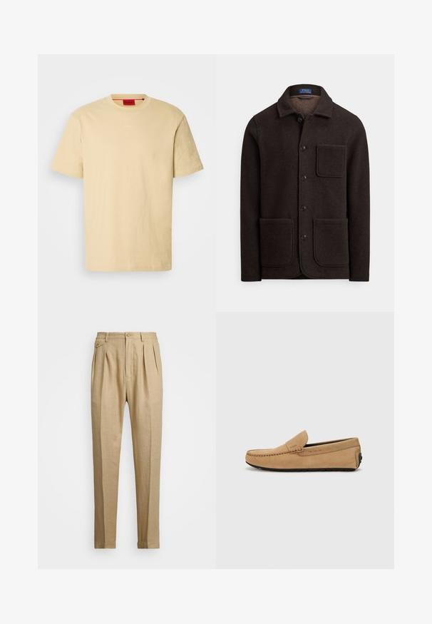 Sötétbarna gyapjúdzseki gombokkal záródó elejű, hegyes gallérral és két nagy első zsebbel. Mellzsebbel és puha tapintású anyaggal.; Világossárga pamut póló rövid ujjakkal. Kerek nyakkivágással és diszkrét "HUGO" logóval az elején. Simább tapintás.; Beige vászon nadrág egyenes szabással, két első redővel, gombos záródással és oldalzsebekkel. Tömör textúrájú anyag sima felülettel.; Beige színű nubuk mokaszin cipő, varrott orral, slip-on kialakítással és fekete gumitalppal. Diszkrét logó található az oldalon.
