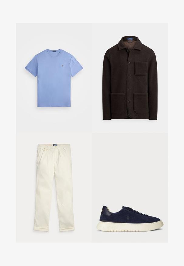 Sötétbarna gyapjúdzseki gombokkal záródó elejű, hegyes gallérral és két nagy első zsebbel. Mellzsebbel és puha tapintású anyaggal.; Világoskék pamut póló rövid ujjakkal, kerek nyakkivágással és egy kis hímzett logóval a bal mellen. Sima textúra és klasszikus szabás.; Krém színű kordbársony nadrág redőkkel, oldalzsebekkel, gombos fedőzsebbel és felhajtott szegéllyel, fehér háttéren laposan elrendezve.; Sötétkék velúr alacsony szárú sneaker, textúrázott felülettel, gumitalppal és azonos színű fűzőkkel, kis logóval az oldalon és a sarokon.