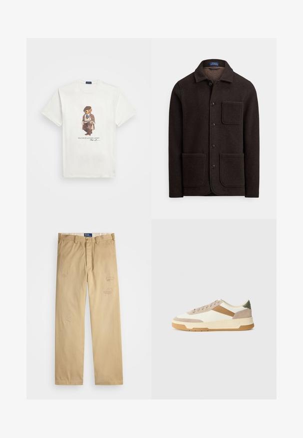 Tmavě hnědá vlněná bunda s knoflíkovým zapínáním vpředu, špičatým límcem a dvěma velkými předními kapsami. Má kapsu na hrudi a měkkou texturu.; Bílý tričko s krátkým rukávem s grafikou medvěda oblečeného v vintage oblečení a textem "POLO BEAR od RALPH LAUREN" níže.; Beige bavlněné kalhoty s rovným střihem. Obsahují popraskané nášivky a výšivkové detaily na přední straně. Klasické zapínání na knoflík a zip.; Tenisky v béžové, krémové a olivově zelené barvě, s materiály z jemné kůže a usně, kulatou špičkou, minimalistickým designem a gumovou podrážkou.