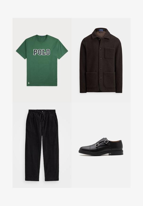 Temno rjav volneni suknjič z zapenjanjem na gumbe, s koničastim ovratnikom in dvema velikima sprednjima žepoma. Ima prsni žep in mehak teksturo.; Zeleni bombažni majica s kratkimi rokavi, ki prikazuje velik logotip "POLO" v belem in mornarsko modrem. Ima okroglo ovratnik in majhen logotip detajl na robu.; Črne kord pants z udobnim krojem, ki imajo elastičen pas z vrvico in stranske žepke. Tkanina prikazuje rebrasto teksturo.; Črne usnjene oblečne čevlje z dvojnim zapiranjem, okroglo nos, subtilno šivanje in ravnim, teksturiranim gumijastim podplatom.