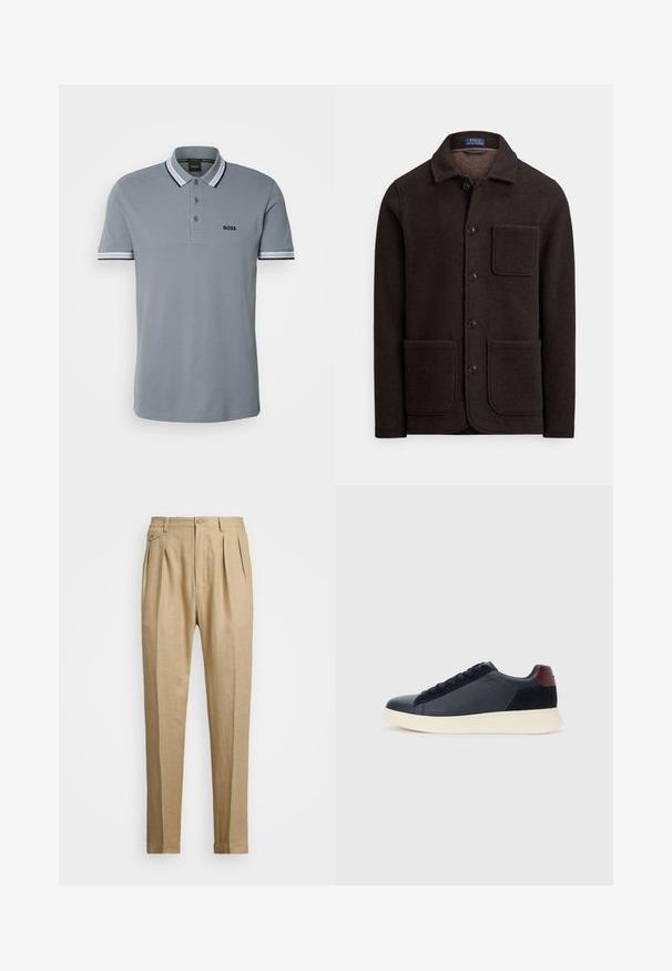 Tamsiai ruda vilnos striukė su sagomis priekyje, smailia apykakle ir dviem didelėmis kišenėmis priekyje. Yra krūtinės kišenė ir minkšta tekstūra.; BOSS PADDY - Polo marškinėliai - grey; Bežinės lininės kelnės tiesaus kirpimo, turinčios dvi priekinės klostes, sagų užsegimą ir šonines kišenes. Tekstūruotas audinys su lygiu paviršiumi.; Juodos odinės ir zomšinės vyriškos žemos sportinės avalynės su bordo spalvos kulkšnių juostele ir balto kaučiuko padu vaizdas iš išorės.
