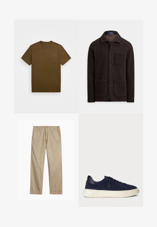 Casaco de lã castanho escuro com fecho de botões, gola pontiaguda e dois grandes bolsos frontais. Apresenta um bolso no peito e textura suave.; T-shirt de algodão castanho com gola redonda e mangas curtas. Apresenta um pequeno logótipo azul no lado esquerdo do peito. Textura suave, design casual.; Chinos bege de perna reta com passantes para cinto, fecho frontal com botão e fecho de correr, e bolsos frontais inclinados.; Sapatilha baixa em camurça azul-marinho com uma superfície texturizada, sola de borracha e atacadores tonais, apresentando um pequeno logótipo de lado e no calcanhar.