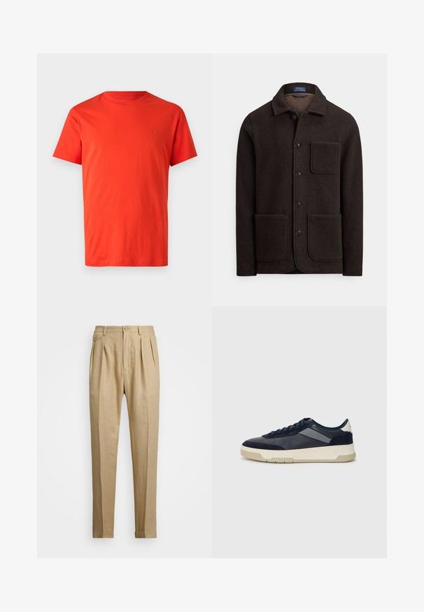 Jachetă din lână maro închis cu închidere cu nasturi, guler ascuțit și două buzunare mari în față. Are un buzunar la piept și o textură moale.; Tricou din bumbac roșu cu mâneci scurte, de tip crew neck și detaliu logo ton pe ton pe partea stângă a pieptului. Textură netedă și croială normală.; Pantaloni din in bej cu croi drept, având două pliuri frontale, închidere cu nasture și buzunare laterale. Material texturat cu un finisaj neted.; BOSS BALTIMORE - Sneakers low - open blue