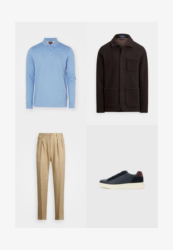 Tmavohnedá vlnená bunda s gombíkmi na zapínanie, špičatým golierom a dvoma veľkými prednými vreckami. Má náprsné vrecko a mäkkú textúru.; Dlhý rukáv polo tričko z bavlny v svetlo modrej farbe. Má klasický golier, zapínanie na dva gombíky a malú nášivku loga na prsiach.; Bežové ľanové nohavice so strihaním do rovna, so 'dvoma prednými záhybmi, s gombíkovým zapínaním a bočnými vreckami. Textúrovaná látka s hladkým povrchom.; Pánske nízkopoložené tenisky z čiernej kože a semisuku s vínovým pätovým pásikom a bielou gumovou podrážkou, zobrazené z vonkajšej strany.