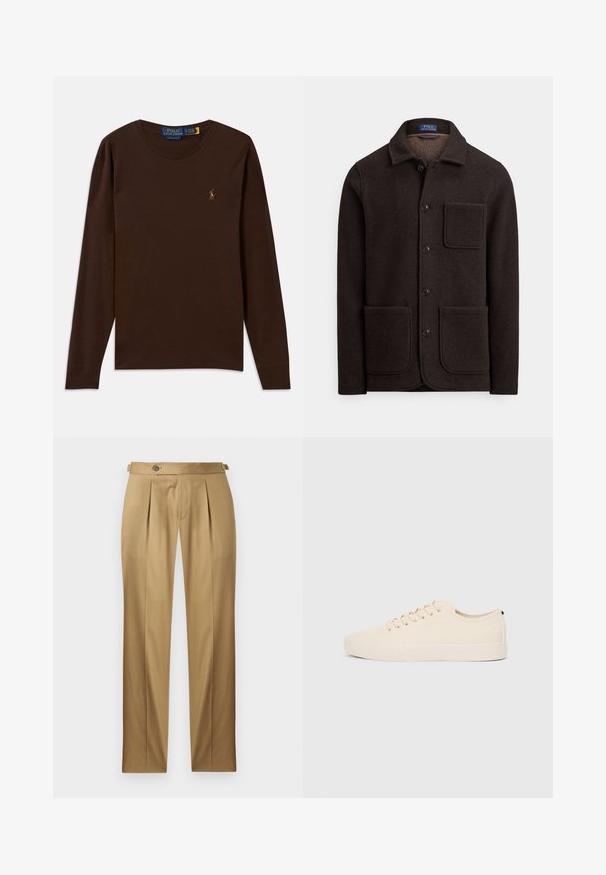 Tamsiai ruda vilnos striukė su sagomis priekyje, smailia apykakle ir dviem didelėmis kišenėmis priekyje. Yra krūtinės kišenė ir minkšta tekstūra.; Rudas ilgomis rankovėmis marškinėliai, pagaminti iš minkštos medvilnės. Apvalus kaklas ir siuvinėtas logotipas ant krūtinės. Paprastas, klasikinis dizainas.; Smėlio spalvos kelnės tiesiu kirpimu, su klostėmis, mygtuko užsegimu ir diržo kilpelėmis. Lygus audinys su švariu, pritaikytu įvaizdžiu.; Šviesiai rudos drobės sportbačiai su apvalia nosimi, plokščiu guminiu padu ir raišteliais priekyje. Pasižymi minimalizmu ir juodu akcentu kulne.