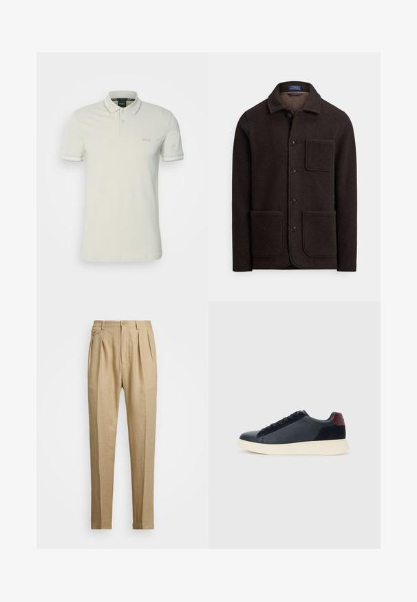 Tumepruun villane jakk, millel on eest nööbitav sulgemine, terav krae ja kaks suurt eesmist taskut. Omadusteks on rindkere tasku ja pehme tekstuur.; BOSS PAUL - Polosärk - light beige; Bežid linasest püksid sirge lõikega, kahel esisel peenral, nööbiga kinnitamisel ja küljetaskutega. Tekstuuritud kangas sileda viimistlusega.; Madala stiilis meeste toss mustast nahast ja seemisnahast, marooni värvi kanna detailiga ja valge kummist tallaga, vaatega välisküljelt.