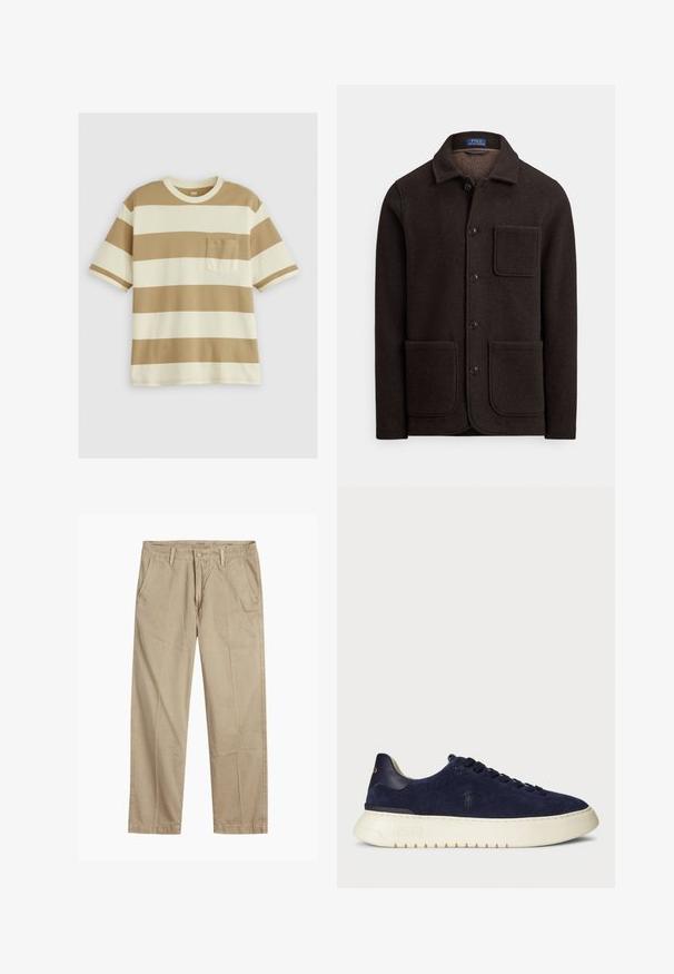 Tamsiai ruda vilnos striukė su sagomis priekyje, smailia apykakle ir dviem didelėmis kišenėmis priekyje. Yra krūtinės kišenė ir minkšta tekstūra.; Trumpas rankovėmis dryžuotas marškinėliai smėlio ir grietinėlės spalvų, turintys krūtinės kišenę ir laisvą siluetą. Pagaminta iš minkštos, tekstūruotos medvilnės.; Bežiniai tiesaus kirpimo chinos kelnės su diržo kilputėmis, priekyje esančia mygtuko ir užtrauktuko uždarymo sistema, bei šoninėmis kišenėmis.; Tamsiai mėlyni jovimo odos žemi sportbačiai su tekstūruotu paviršiumi, guma padais ir tonuotais raišteliais, su mažu logotipu šone ir ant kulno.